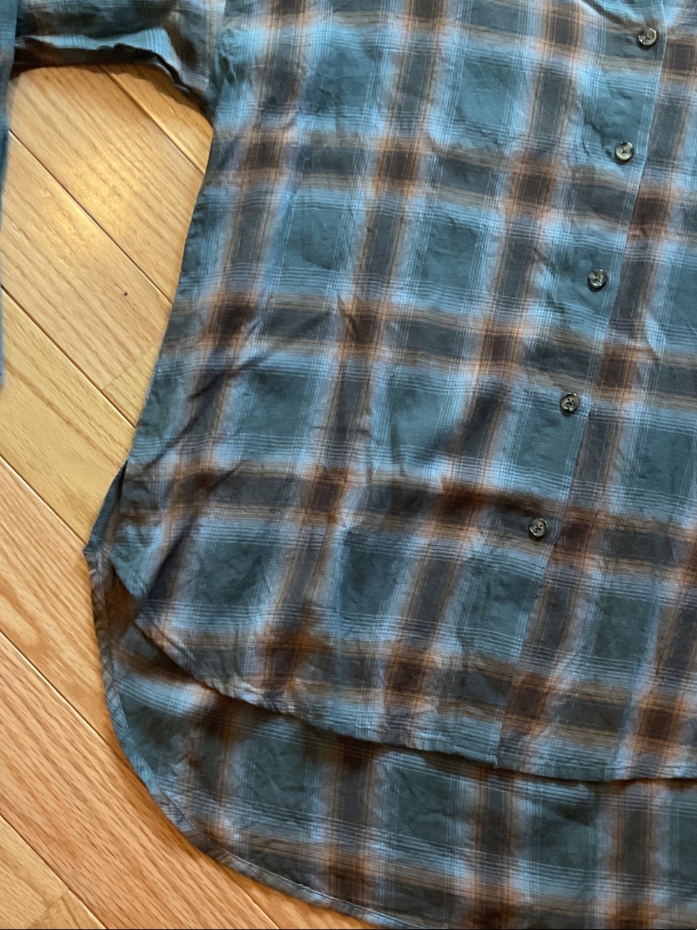 Anthropologie Paper Label Plaid Button-Up Shirt Teal Brown NWOT medium hi Lo - Picture 7 of 14
